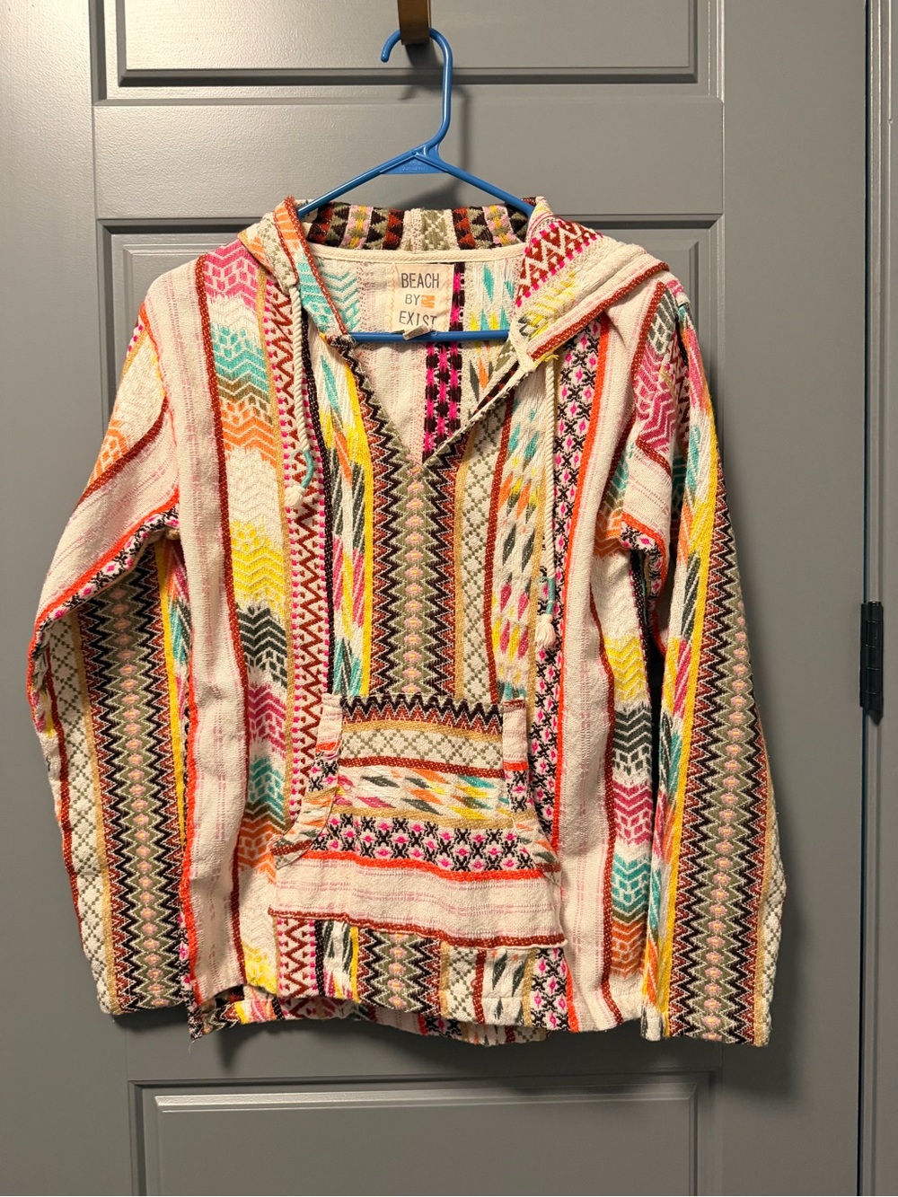Beach By Exist Multicolor Woven Hooded Baja Pullover LARGE